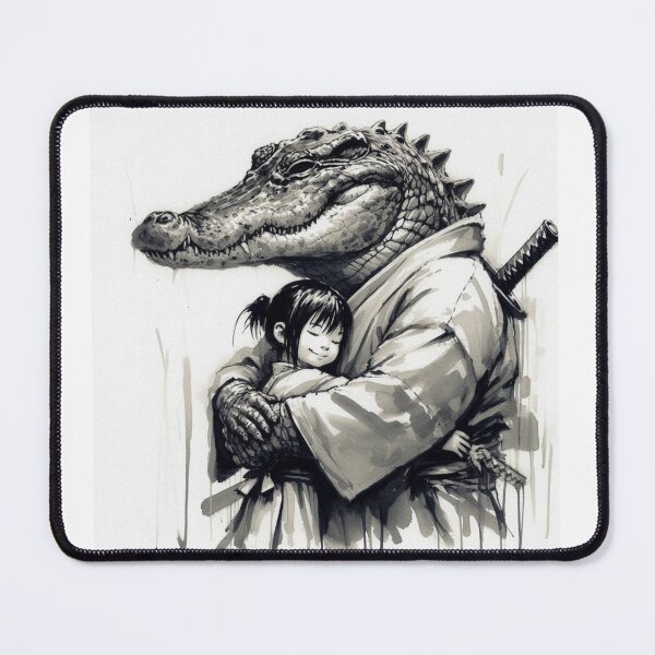 Item preview, The Protector - Samurai Crocodile Hugging Little Girl Sumi-e Ink Art designed and sold by ExpressoJungle.