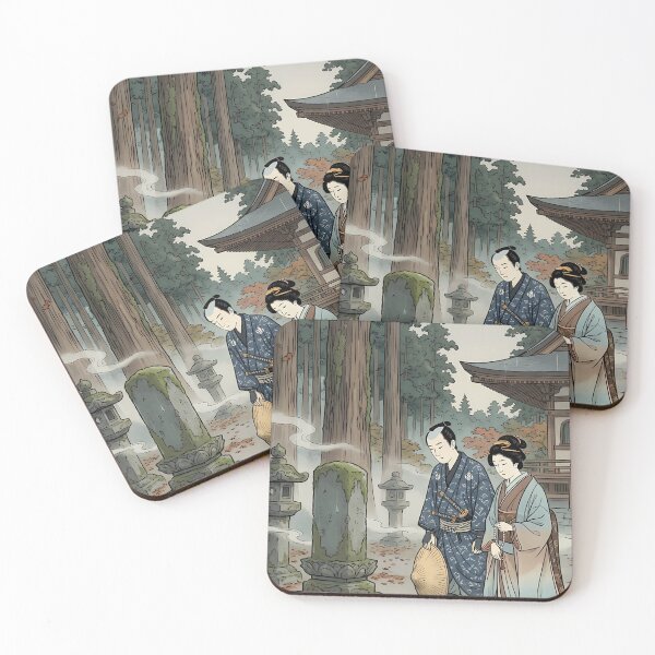 Item preview, Samurai and Maiden Praying at Grave in Rainy Forest - Traditional Ukiyo-e Art designed and sold by TokyoUkiyoHouse.