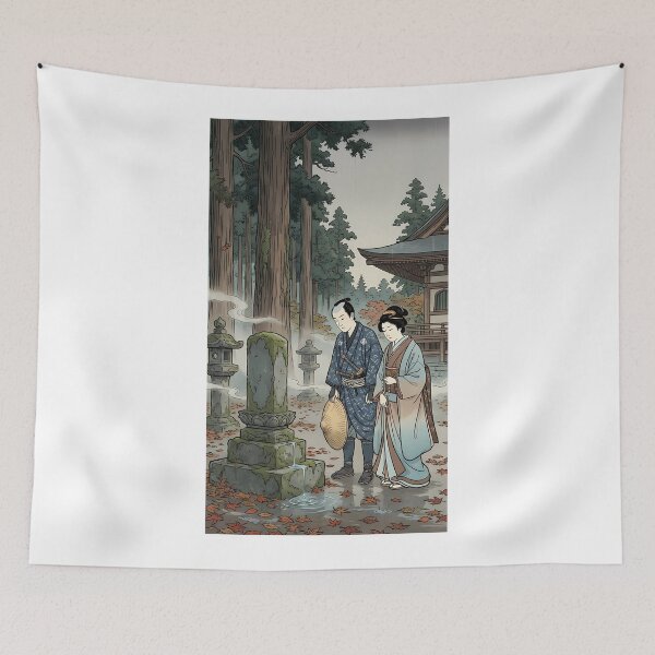 Item preview, Samurai and Maiden Praying at Grave in Rainy Forest - Traditional Ukiyo-e Art designed and sold by TokyoUkiyoHouse.