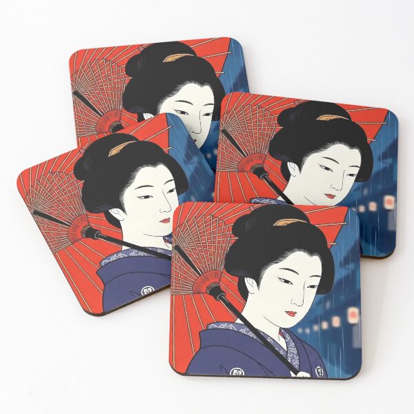 Item preview, Geisha with Red Umbrella in Night Rain - Traditional Japanese Ukiyo-e Art designed and sold by TokyoUkiyoHouse.
