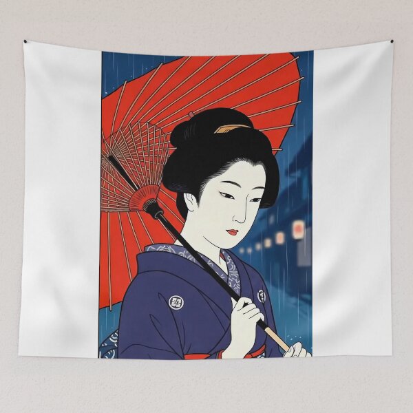 Item preview, Geisha with Red Umbrella in Night Rain - Traditional Japanese Ukiyo-e Art designed and sold by TokyoUkiyoHouse.