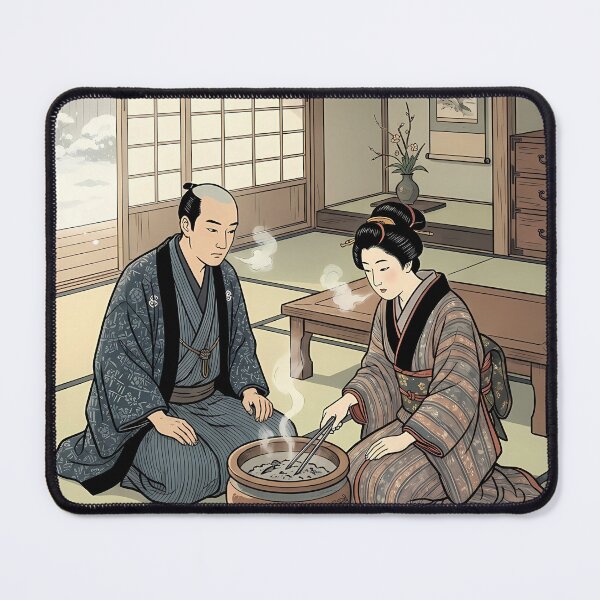 Item preview, Cozy Winter in Old Japan: Couple by the Hearth - Traditional Ukiyo-e Art designed and sold by TokyoUkiyoHouse.