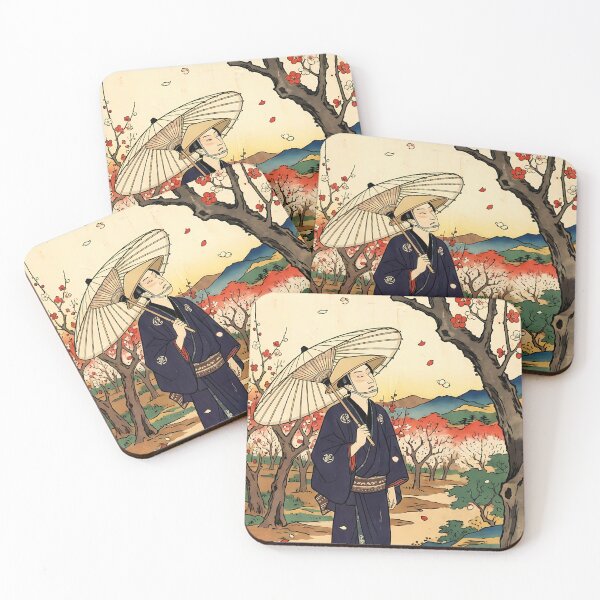 Item preview, Traditional Ukiyo-e Traveler under Blooming Plum Blossoms with Umbrella designed and sold by TokyoUkiyoHouse.