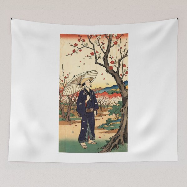 Item preview, Traditional Ukiyo-e Traveler under Blooming Plum Blossoms with Umbrella designed and sold by TokyoUkiyoHouse.