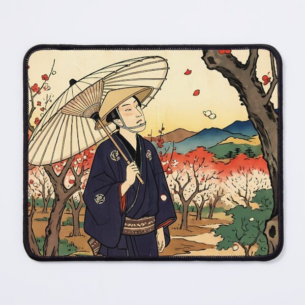 Item preview, Traditional Ukiyo-e Traveler under Blooming Plum Blossoms with Umbrella designed and sold by TokyoUkiyoHouse.