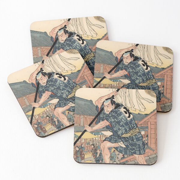 Item preview, Edo Period Firefighter with Matoi on Roof - Traditional Ukiyo-e Art designed and sold by TokyoUkiyoHouse.
