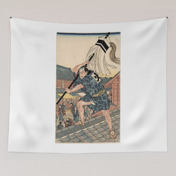 Item preview, Edo Period Firefighter with Matoi on Roof - Traditional Ukiyo-e Art designed and sold by TokyoUkiyoHouse.