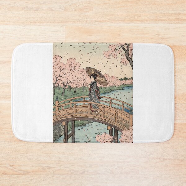 Item preview, Beautiful Geisha and Cherry Blossoms on Wooden Bridge Ukiyo-e designed and sold by TokyoUkiyoHouse.