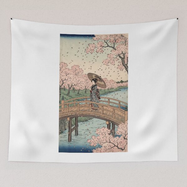 Item preview, Beautiful Geisha and Cherry Blossoms on Wooden Bridge Ukiyo-e designed and sold by TokyoUkiyoHouse.