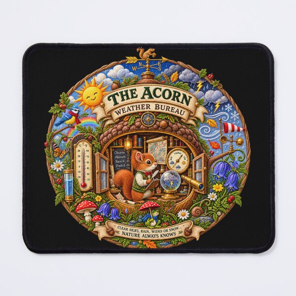 Item preview, Squirrel Weather Bureau – Embroidered Acorn Woodland Art designed and sold by Emoji Emblems.