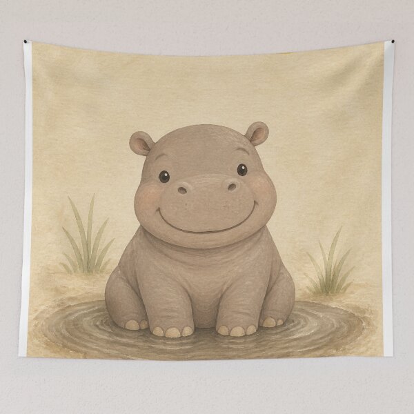 Item preview, Baby Hippo Puddle Watercolour Whimsical designed and sold by GoldenHourWalls.