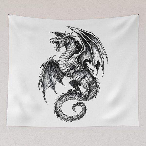 Item preview, Epic Winged Dragon Black and White Fantasy Illustration designed and sold by DragonSerpent Ink.