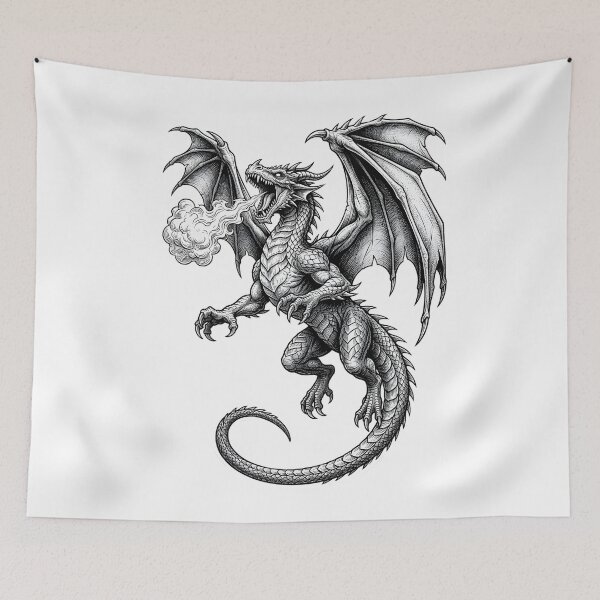 Item preview, Fierce Flying Dragon Breathing Fire – Dark Fantasy Dragon Art designed and sold by DragonSerpent Ink.