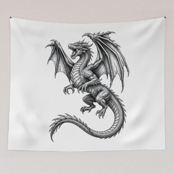 Item preview, Flying Dragon Fantasy Tattoo – Vintage Engraving Style designed and sold by DragonSerpent Ink.