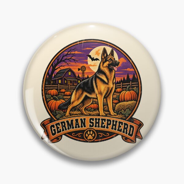 Item preview, German Shepherd Halloween Shirt – Retro Pumpkin Patch Guard Dog Badge Design designed and sold by Globalcitytees.