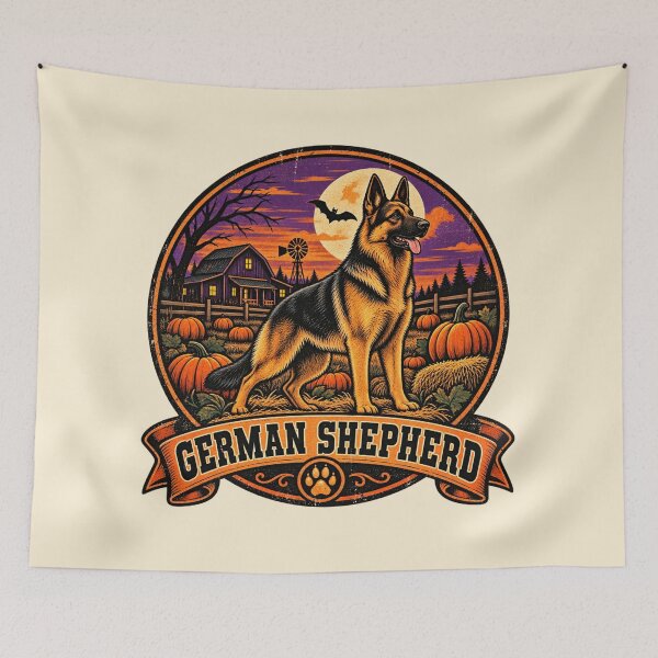 Item preview, German Shepherd Halloween Shirt – Retro Pumpkin Patch Guard Dog Badge Design designed and sold by Globalcitytees.