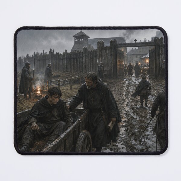 Item preview, Anglo-Saxon Sanctuary in the Rain | Viking Age Britain Historical Fantasy Art | Dark Medieval Monastery Refuge Print designed and sold by Element Horizon Studio.