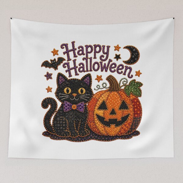 Item preview, Quilted Halloween Black Cat Patchwork Pumpkin Applique designed and sold by chattsuede.