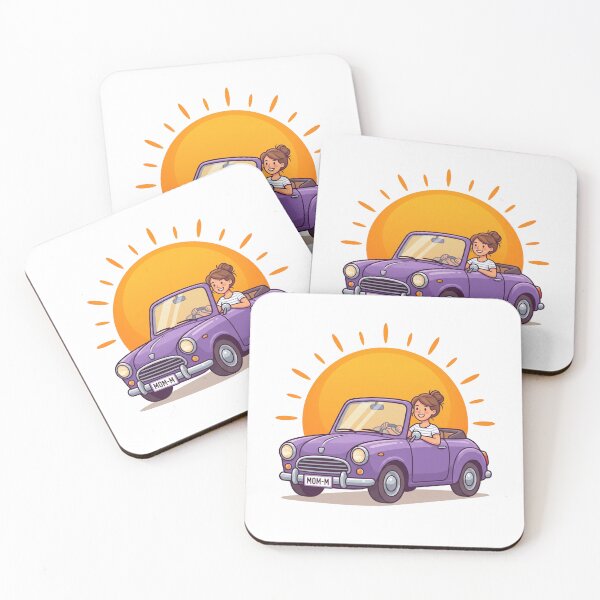 Aperçu de l'œuvre Maman heureuse au volant d'une voiture violette vintage - Autocollant pour chambre d'enfant créée et vendue par KaleeDesigns.