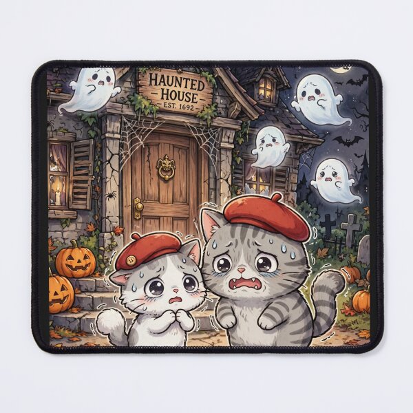 Item preview, Haunted House Kawaii Cats - Freda and Junior Scared Ghost House Halloween designed and sold by MAISON SYLVIE.