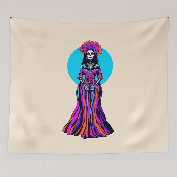 Item preview, Elegant La Catrina in Striped Gown – Day of the Dead Sugar Skull designed and sold by KungPowUnicorn.