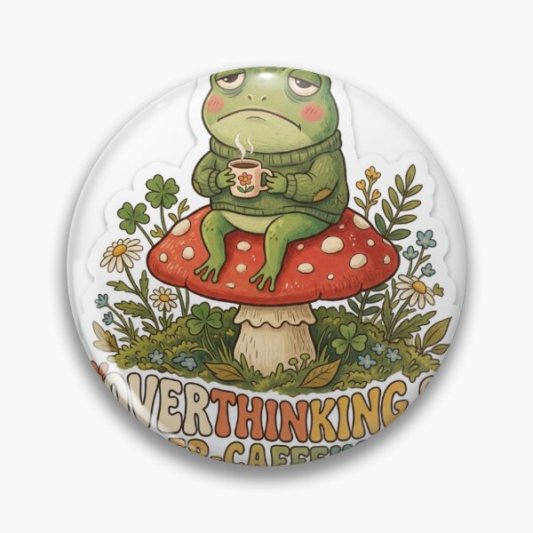 Item preview, Overthinking And Under Caffeinated Funny Cottagecore Frog Sticker designed and sold by RetroVibe Supply.