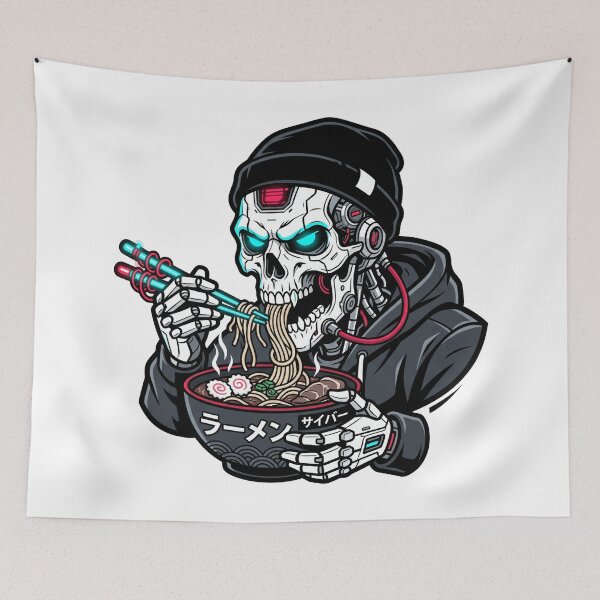 Item preview, Cyberpunk Cyborg Skull Eating Ramen Japanese Streetwear Aesthetic designed and sold by mood-draftsman.
