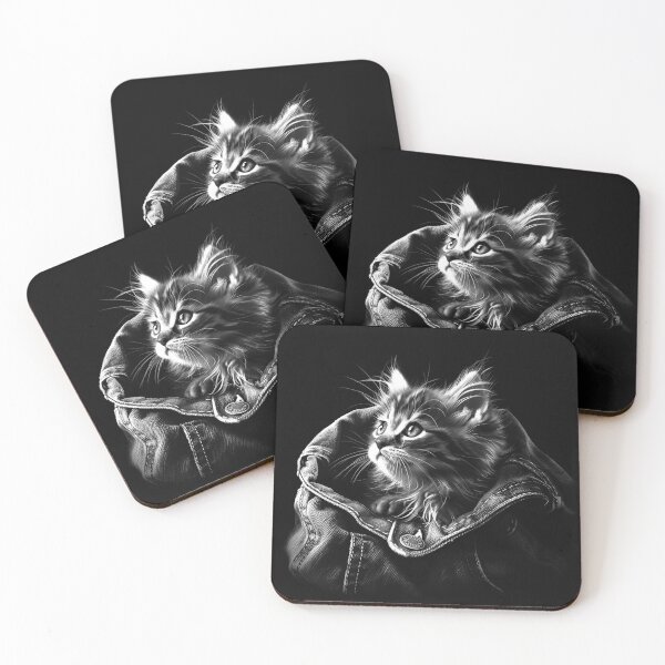 Item preview, Cute Kitten in Denim Pocket Black and White Cat Portrait designed and sold by inkoutninja.