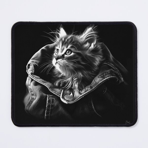 Item preview, Cute Kitten in Denim Pocket Black and White Cat Portrait designed and sold by inkoutninja.