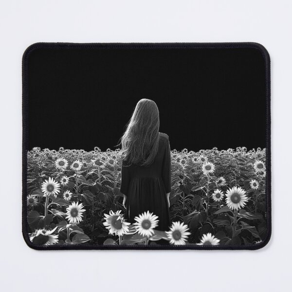 Item preview, Woman in Sunflower Field Dark Monochrome Floral Solitude Design Art designed and sold by inkoutninja.