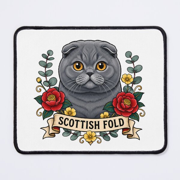 Item preview, Scottish Fold Cat Vintage Floral Tattoo Art designed and sold by Old's Cool Cat Studio.