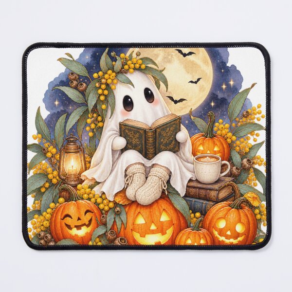 Item preview, Cute Halloween Ghost Bookish Ghost Reading Book Wattle Eucalyptus Pumpkin designed and sold by Yellowriversss.