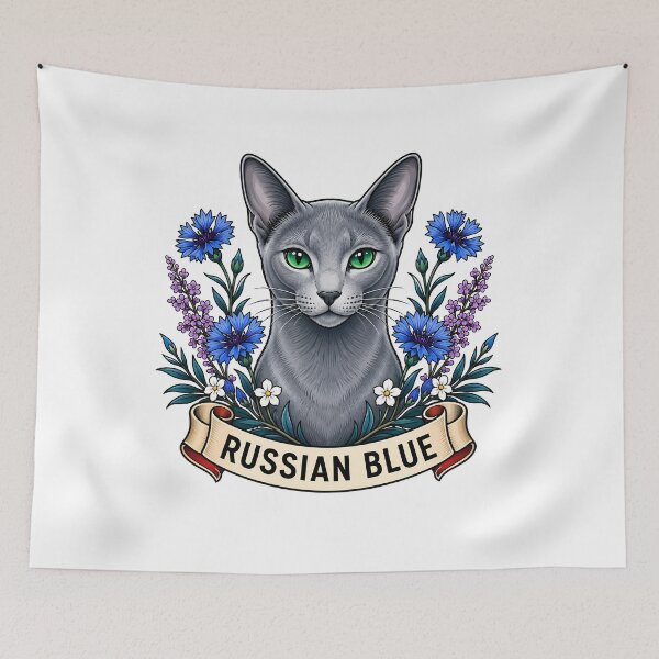 Item preview, Russian Blue Cat Vintage Cornflower Tattoo Art designed and sold by Old's Cool Cat Studio.