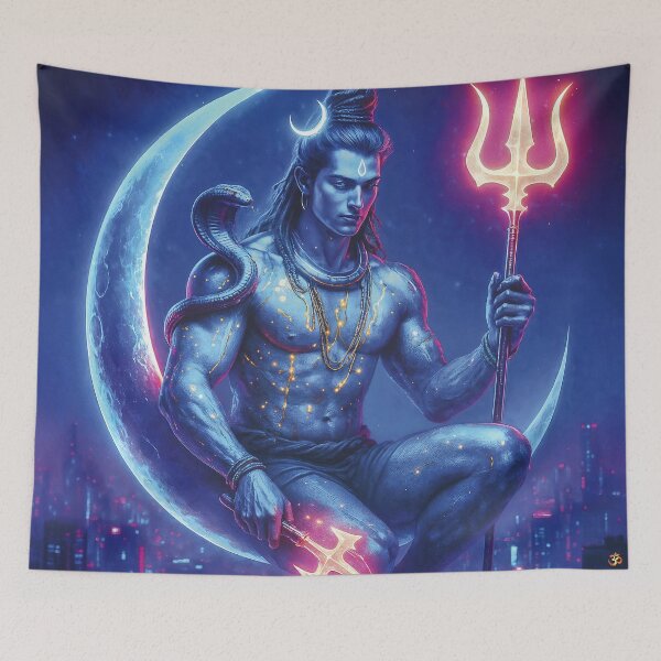 Item preview, Shiva Crescent Moon Meditation – Urban God, Trishula, Neon Aesthetic designed and sold by The Sensing Room.