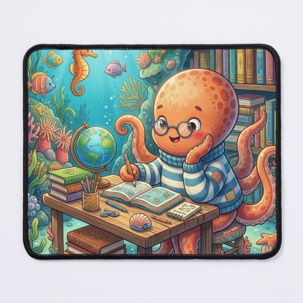 Item preview, Cute Octopus Studying at Wooden Desk Underwater Cartoon Illustration designed and sold by xsctasy.
