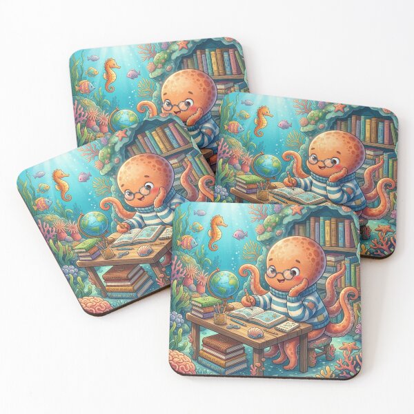 Item preview, Cute Octopus Studying at Wooden Desk Underwater Cartoon Illustration designed and sold by xsctasy.