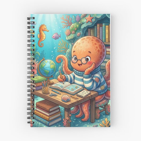 Item preview, Cute Octopus Studying at Wooden Desk Underwater Cartoon Illustration designed and sold by xsctasy.