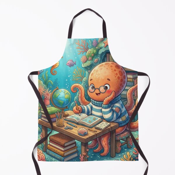 Item preview, Cute Octopus Studying at Wooden Desk Underwater Cartoon Illustration designed and sold by xsctasy.