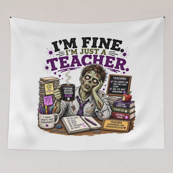 Artikelvorschau, I’m Fine, I’m Just a Teacher – Überarbeiteter Zombie Lehrer mit Kaffee entworfen und verkauft von SVALANART.