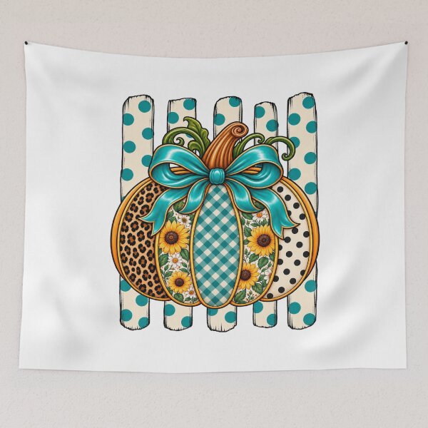 Item preview, Patchwork Pumpkin with Turquoise Bow – Cute Fall Autumn Pumpkin designed and sold by afr-saad.