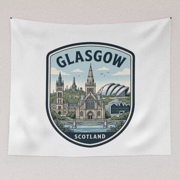 Item preview, Glasgow Scotland Retro Skyline Travel Badge designed and sold by k3rstman1.