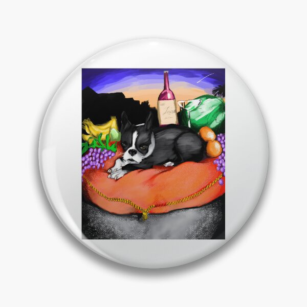 Artikelvorschau, Boston Terrier lümmelt auf einem Kissen mit Obst und Wein entworfen und verkauft von Catsi-Nook-Art.