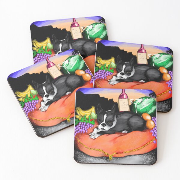Item preview, Boston Terrier Lounging on a Cushion with Fruit and Wine designed and sold by Catsi-Nook-Art.