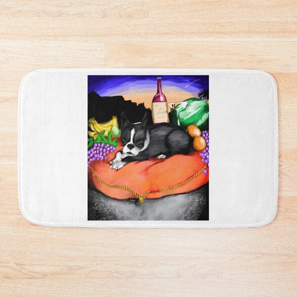 Item preview, Boston Terrier Lounging on a Cushion with Fruit and Wine designed and sold by Catsi-Nook-Art.