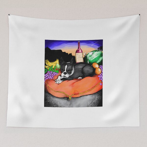 Item preview, Boston Terrier Lounging on a Cushion with Fruit and Wine designed and sold by Catsi-Nook-Art.