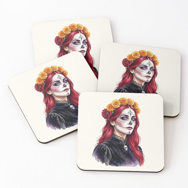 Item preview, Dia de los Muertos Sugar Skull Woman with Red Hair and Marigold Crown  designed and sold by SweetLilith.