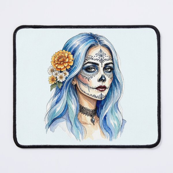 Item preview, Dia de los Muertos Sugar Skull Woman with Blue Hair and Marigolds designed and sold by SweetLilith.