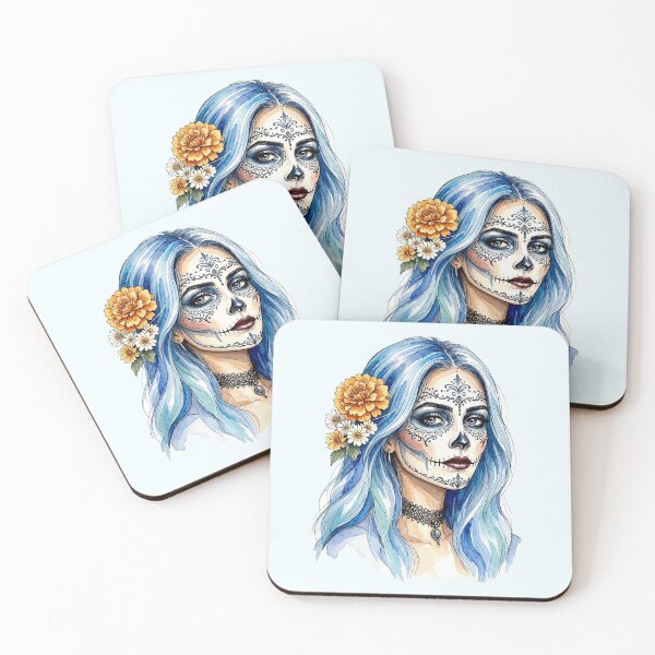 Item preview, Dia de los Muertos Sugar Skull Woman with Blue Hair and Marigolds designed and sold by SweetLilith.