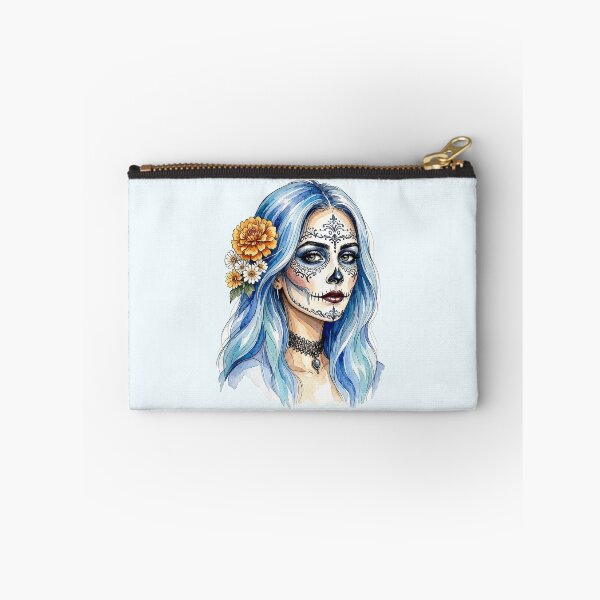 Item preview, Dia de los Muertos Sugar Skull Woman with Blue Hair and Marigolds designed and sold by SweetLilith.