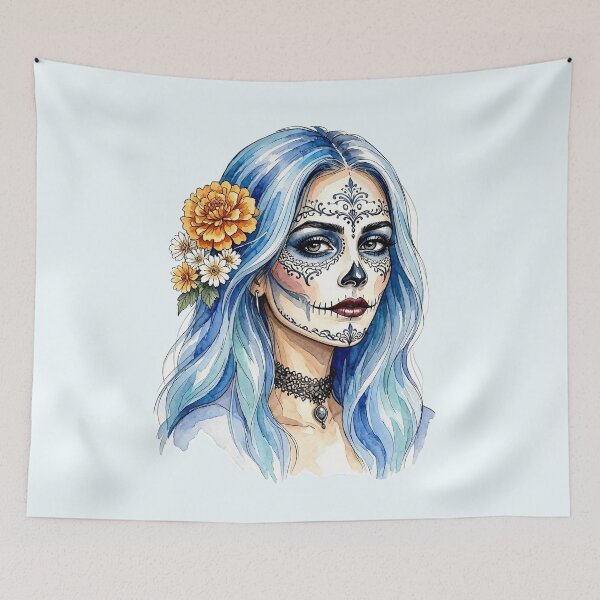 Item preview, Dia de los Muertos Sugar Skull Woman with Blue Hair and Marigolds designed and sold by SweetLilith.